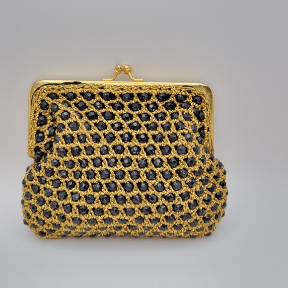 Delill | Vintage Handmade in Italy Faceted Black Beads Metallic Gold-Tone Clutch - Picture 1 of 9